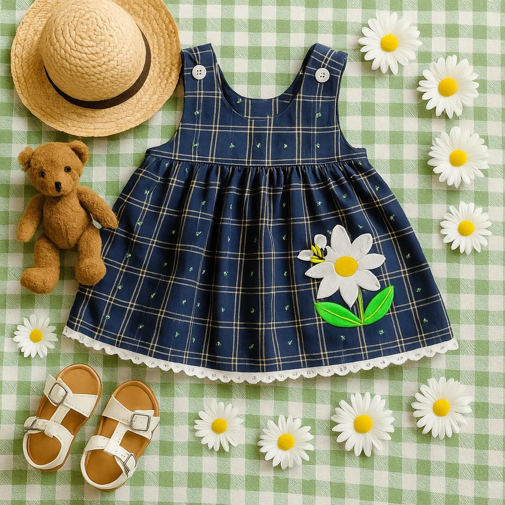 Vintage 1980s Good Lad Blue Daisy & Bumblebee Jumper Dress | Baby 18 M | NWT